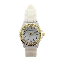 White and Gold Silicone Gel Ceramic Style Band Crystal Bezel Watch