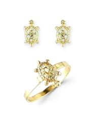 Childrens 14k Yellow Gold CZ Turtle Stud Earrings Ring Set