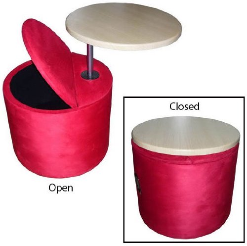 Storage Ottoman with Pop-Up Table (Red/Pine) (18.5H x 20W x 20D)