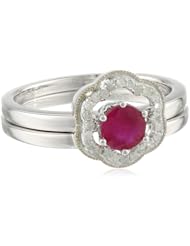 10k White Gold Ruby and Diamond-Accented Flower Ring, Size 7