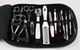 Professional Manicure & Pedicure 15 Piece Stainless Steel Set for Men & Ladies in a compact Leather Black Case
