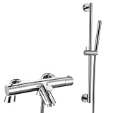 Bath mixer tap with hand held shower and riser rail (surface mounted)