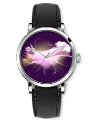 SPRAWL Aanalog Fashion Series Silver Ladies Watches of Genuine Black Leather Strap,Unique Wrist Watch for Women Girls Designed with Branches and pink flower on dark background
