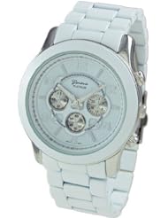 Geneva Platinum 9158 Womens Decorative Chronograph-style Matte Finish Link Watch -WHT/SIL