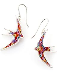 Bird Jewelry - Silver Swallow Dangle Earrings - Flower Millefiori Made of Polymer Clay - Romantic Gifts for Her