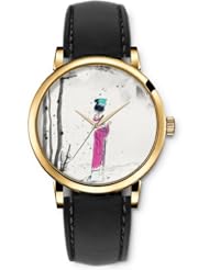SPRAWL Aanalog Fashion Series Gold Ladies Watches of Genuine Black Leather Strap,Unique Wrist Watch for Women Girls Designed with Painting of a Lady