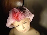 Ht24, Hand Crocheted Pink Rayon Cotton Gimp Floppy Hat with One Pink Rose for Children Women and Teens
