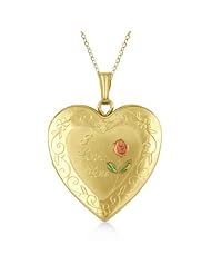 Heart Shaped Locket "I Love You" and Flower Design Pendant Necklace For Women 14K Yellow Gold Verme
