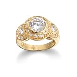 Sterling Silver Yellow Gold Overlay Cubic Zirconia Three Stone Ring by Cheline