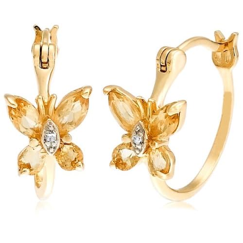 Yellow Gold Overlay Sterling Silver Citrine Butterfly Hoop Earrings w/ Diamond Accent Yellow Gold Overlay Sterling Silver Citrine Butterfly Hoop Earrings w/ Diamond Accent