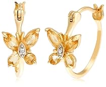 Yellow Gold Overlay Sterling Silver Citrine Butterfly Hoop Earrings w/ Diamond Accent