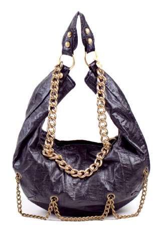 Dazly Chain Embellished Studs Detail Crackle Faux Leather Vegan Hobo Style Tote Purse Handbag Black One Size