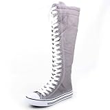 West Blvd Womens SNEAKER Boots Knee High Lace Up Flat Punk Canvas Skate Shoes, Grey Linen, US 7.5