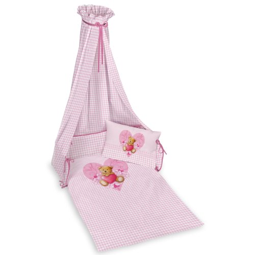 Herding 251734300 Babybettausstattung 3-er Set Carola Teddy Herz rosa. 40 x 60 cm + 100 x 135 cm. Linon. inklusive Nestchen und Himmel