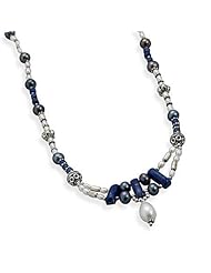 Sterling Silver 16 + 1.5 Inch Lapis and Cultured Freshwater Pearl Necklace