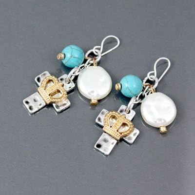 Womens Gold, Silver & Turquiose Cross Earrings -2.3" Long, Crown Charms, Turquoise Beads, Pearl Beads