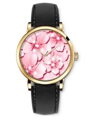 SPRAWL Aanalog Fashion Series Gold Ladies Watches of Genuine Black Leather Strap,Unique Wrist Watch for Women Girls Designed with roses flowers