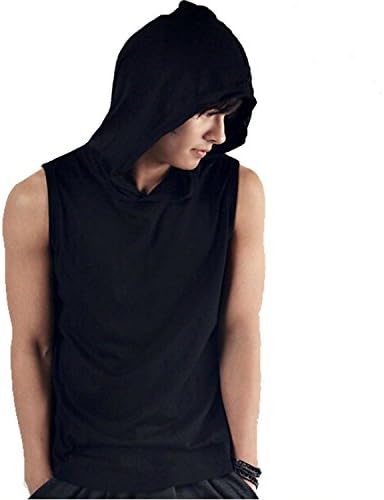 Mens Sleeveless Pure color Hoodie T-Shirt Hooded Tank Top Cotton Hoodies Black-XL