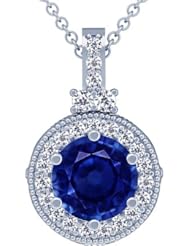 14K White Gold Round Cut Blue Sapphire And Round Diamond Pendant (GIA Certificate)