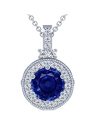 18K White Gold Round Cut Blue Sapphire And Round Diamond Pendant (GIA Certificate)