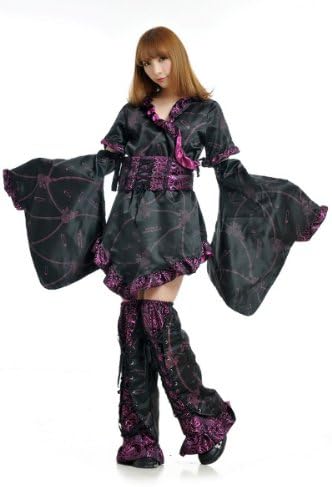 Blooms Lolita Japanese Kimono Women Outer with Leg Warmer Dress (One Size, Black with Purple.)