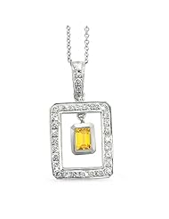 Twin Rectangular Shaped Diamond Pendant In 18K White Gold With A 0.75 ct. Genuine Yellow Sapphire Center Stone.