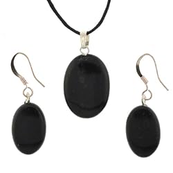 Black Jasper Oval Pendant and Earring Set - Pendant 15mm x 22mm, Earrings 12mm x 18mm - Adjustable Cord Necklace