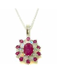 Luxury Ladies Solid White 9K Gold Ornate Large Vibrant Natural Ruby & Opal 3 Tier Large Cluster Pendant Necklace - Ideal for Christmas, Birthday, Anniversary or Mothers Day Gift