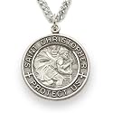 1" Sterling Silver Round Engraved St. Christopher Medal on 24" Chain