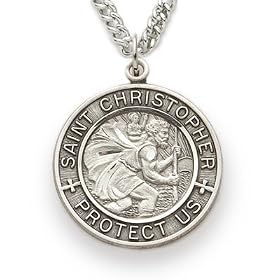 Sterling Silver 1" Round Engraved St. Christopher Medal on 24" Chain