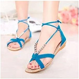 Fashion Summer Womens Beaded Sandals Flops Flat Shoes Open Toe Wedges Sandals Color: Blue Size: 9