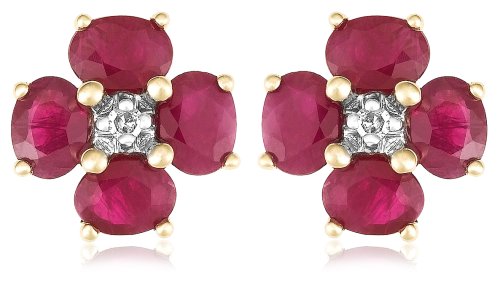 14k Yellow Gold Ruby Flower Earrings w/ Diamond Accent