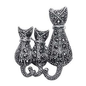 New Sterling Silver Marcasite Cat Kittens Pin Brooch 30 MM Long and 25 MM Wide