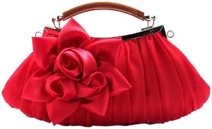 Womens Elegant Satin Rose Wedding Evening Party Top Handle Clutch Handbags Purse Wallet Bags-Red
