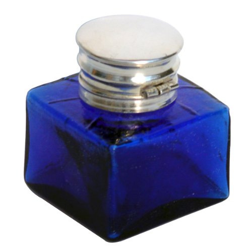 Antique Silver Colbalt Blue Square Glass Inkwell