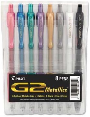 Pilot G2 Metallics Gel Ink Pen, 8 Assorted Inks, 0.7 Fine Point
