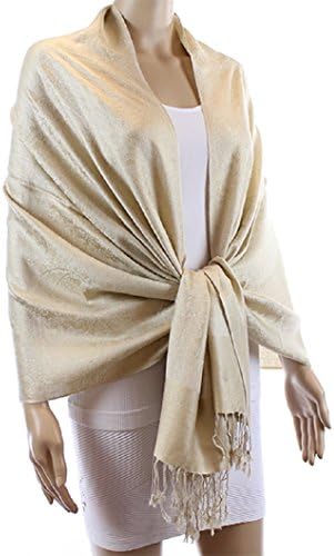 Bridal Party Light Paisley Pashmina Shape Scarf Wrap with Tassels Womens Ladies (Brass) (Gold)
