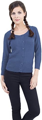 Women Round Neck Merino Wool Knit Cropped Cardigan (blue)