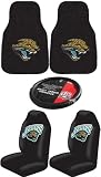 NFL Jacksonville Jaguars 5 PC Auto Accessories Combo Kit - Carpet Fan Floor Mats, Seat Covers and Chrome License Plate Frame