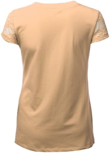 SJSP Plus Womens Basic Short Sleeve V-Neck Lace Detailed T-Shirt Plus Size Khaki XL