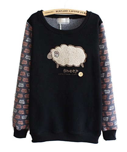Mooncolour Women Girls Splicing Sleeve Embroidered Sheep Pullover Fleece Sweatshirt