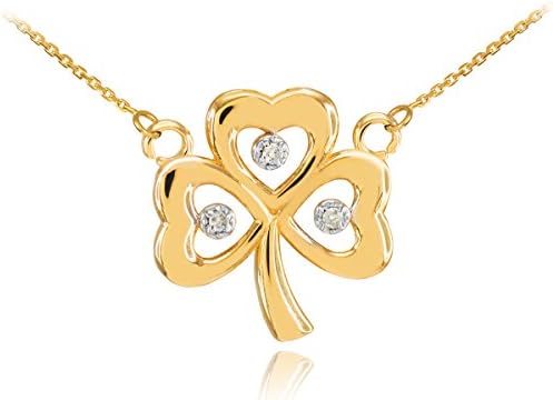 14k Yellow Gold Shamrock Charm Three Diamond Clover Leaf Pendant Necklace, 16"