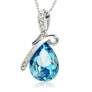 Eternal Love Blue Teardrop Swarovski Elements Crystal Pendant 18k White Gold Plated Necklace for Women Lady 21 Inch