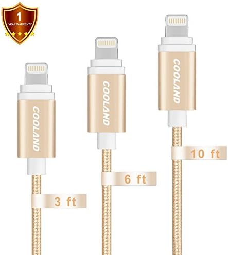 Cooland 3Pack 3ft 6ft 10ft Nylon Braided USB Cable Charger Sync and Charging Cord with Aluminum Heads for iPhone6,6s, 6 plus,6s plus, iPhone 5 5s 5c,iPad Air, iPod Nano 7,iPod 5(Gold)