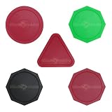 5 Air Hockey Pucks: 1 Red Round, 3 Octagons: Green, Red, Black, 1 Red Triangle