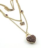 Gold Tone Ruby Red Crown Heart Crystal 2-Row Fashion Necklace