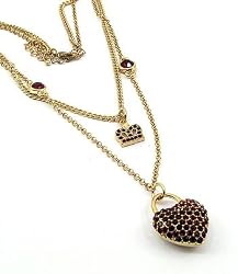 Gold Tone Ruby Red Crown Heart Crystal 2-Row Fashion Necklace