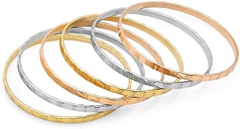 GSG 9 Set of 6 Stainless Steel Roman Numeral Bangle Bracelets In Multi-Color Golden Tone