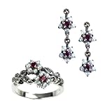 Gemini Silver Natural Seed Pearl Earrings & Ring Set, Ruby - by Dahlia Vintage Jewelry Collection