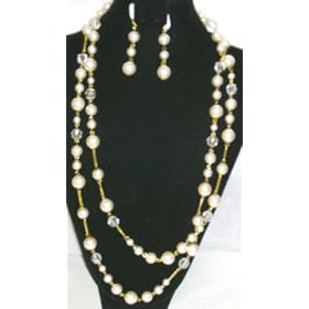 Click here to buy Two Strand Simulated Ivory Pearls and Crystal Short Chain on Antique Gold Necklace Earrings for... by Gita.